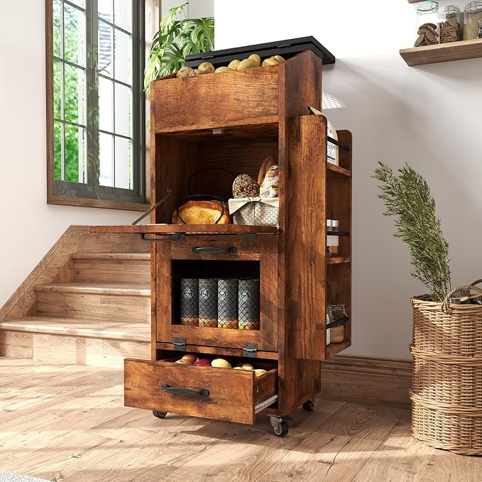 Verano Garden 16.0" Potato and Onion Storage Bin on Wheels, Bread Box | Fruit and Vegetable Organizer, Rolling, Side Rack, Flip-top, Mesh Doors, 4-Tier, Grocery Section, Ventilated, Wood, Kitchen by VeranoGarden