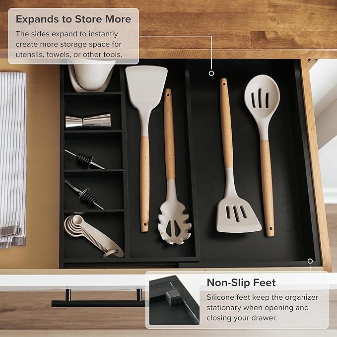 Utensil & Junk Drawer Organizer, 10.5-19 in, Black Bamboo | Food-safe contract grade, 100% sustainable wood, non-slip, adjustable - Image 6