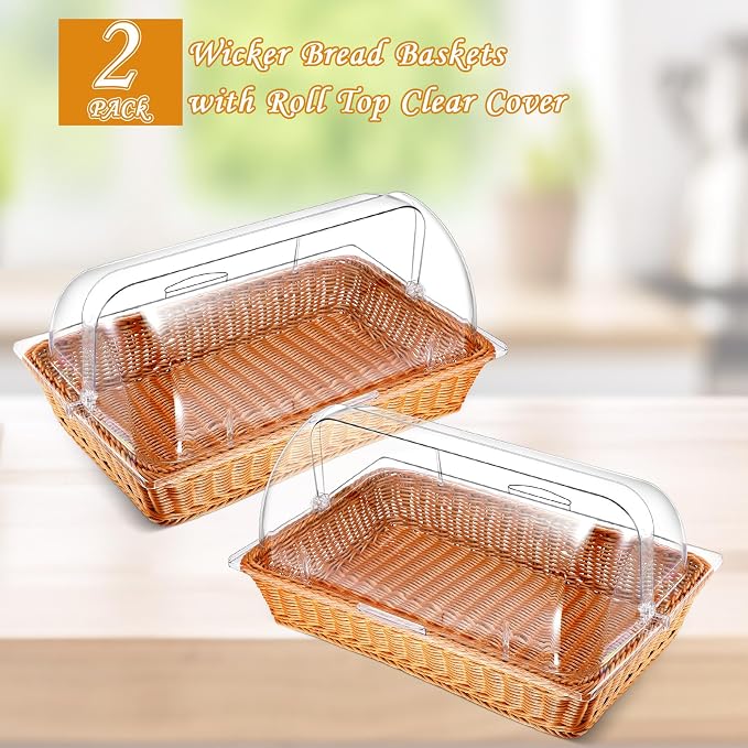 2 Set Wicker Bread Baskets for Serving with Clear Acrylic Roll Top Lid Woven Rattan Bread Basket Large for Fruit Food Picnic Summer Pool Party Outdoor BBQ(21.06 x 12.6 Inch,1 Compartment) - Image 4