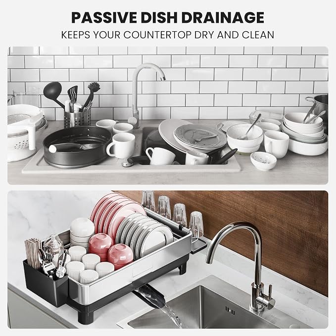 Stainless Steel Dish Drying Rack - No Rust Extra Large Capacity Dish Drainer Rack for Kitchen Counter with Drain Board Set Adjustable Spout Detachable Utensil Cup Holder for Big Family - Image 7