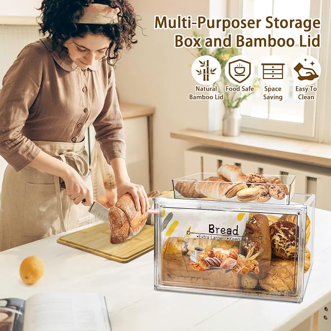 RISICULIS Large Bread Box for Kitchen Countertop, Bread Storage Container, and Utensil Organizer with Bamboo Cutting Board Lid, Clear Bin, Keeper for Homemade Bagel, Muffins, Rolls - Image 5