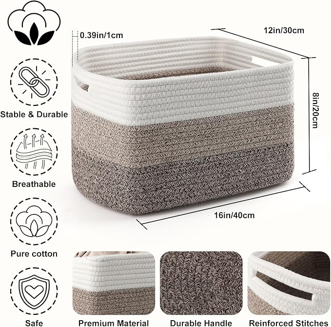 4 Pack Large Storage Baskets for Organizing, 16''Lx12''Wx8''H Woven Baskets for Storage Toys, Towels, Books, and Clothes, Cotton Rope Basket for Shelves with Handle - Image 2