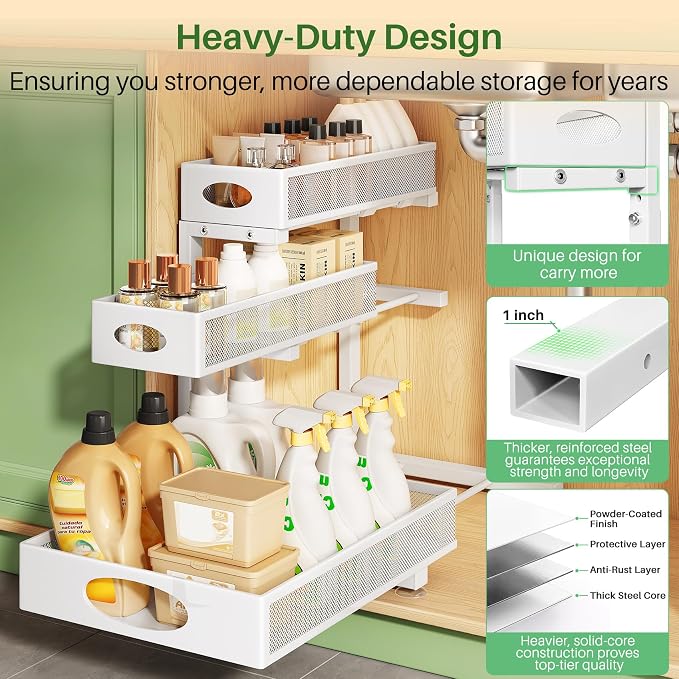 Kitstorack Under Sink Organizer 3-Tier Slide Out Drawer for Bathroom 1-Pack | Height Adjustable, Metal Mesh Storage Rack, Pull out Cabinet Organizer Shelf for Kitchen Pantry Home Laundry Organization - Image 5