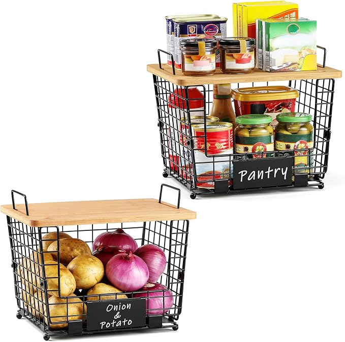 2 Set Large Stackable Wire Basket with Bamboo Tops & Tag- Pantry Organizer and Storage Bins, Kitchen Counter Cabinet Shelf Countertop Under Sink Organizing for Food Snack Produce Onion Potato Bread - Image 9