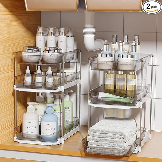 Delamu 2 Pack 3-Tier Bathroom Under Sink Organizers and Storage, Multi-Purpose Stackable Pantry Organization and Storage, Pull Out Clear Kitchen Bathroom Cabinet Organizer with Movable Dividers, Grey by DELAMU