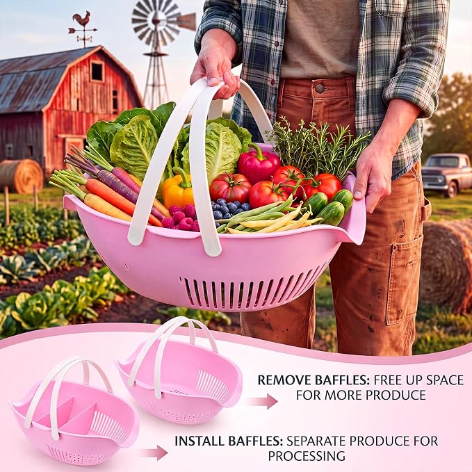 Nuogo 3 Pcs Garden Harvest Basket Removable Partitions with Tool Caddy for Collecting Carrying and Cleaning Harvesting Basket Doubles Colander for Vegetables and Fruits Garden Accessories (Pink) - Image 4