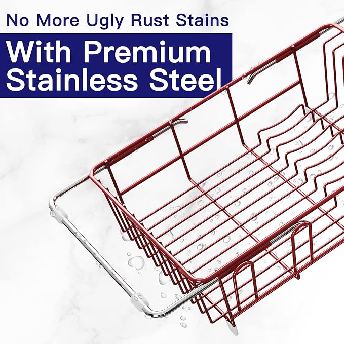 Red Dish Drying Rack Over The Sink with Utensil Holder | Expandable Stainless Steel Dish Drainer for Small Kitchen, Apartment, RV, Counter Space Saving, Perfect Fit, Rustproof - Image 4