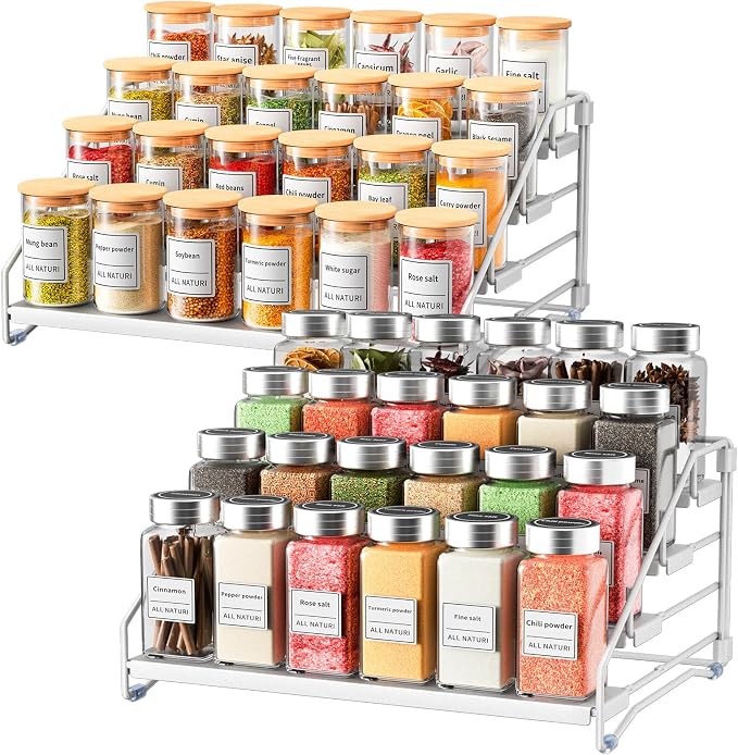 2 Pack Spice Rack Organizer for Cabinet, Depth Adjustable 4 Tier Spice Rack | Silver, Metal Spice Organization for Cabinet, Easy Visibility, Tiered Spice Rack Perfect for Cabinet, Pantry and Countertop by RCHYFEED