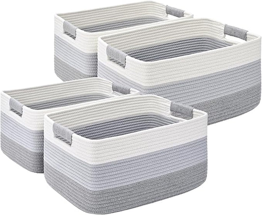 4 Pack Large Storage Basket for Organizing, 17.5"x13"x7" Woven Basket for Shelves, Closet Cube Storage Bins with Wrapped Handle, Cotton Rope Baskets for Kitchen, Clothes, Toys(Gradient Grey) by Degeyoyo