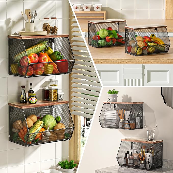 2 Tier Fruit Basket for Kitchen Counter, Stackable Onion and Potato Storage Basket, Wall Mounted Wire Basket with Wood Lid, Hanging Kitchen Storage Vegetable Organizer, 11.8 x 7.1 x 8.6 Inch - Image 5