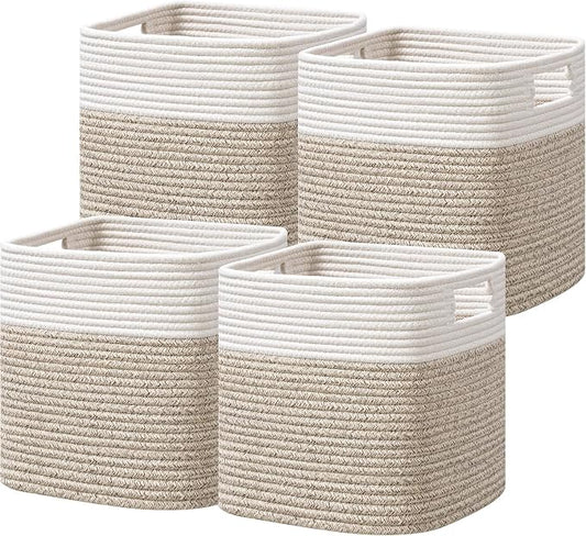 UBBCARE Set of 4 Storage Basket-12 X 12 X 12 in, Cotton Rope Basket for Shelves, Toys, Book, Cube Storage Bins with Handles, Woven Storage Basket for Organizing, White Brown by UBBCARE