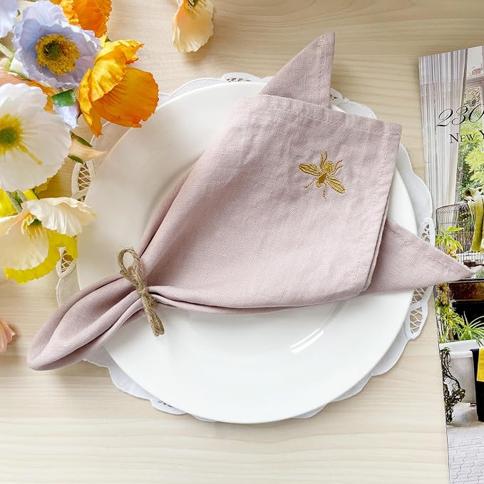 DerF HOME Embroidered Linen Napkins Set of 4, Light Pink 18x18 Inch | 100% Pure Linen Cloth Dinner Napkins with Elegant Embroidery, Reusable Washable Table Napkins for Wedding, Party & Home Decor by DERFHOME