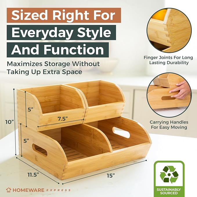 Potato and Onion Storage Bin for Pantry and Kitchen Counter - Ventilated Stackable Bamboo Organizer Baskets with Handles - Image 5