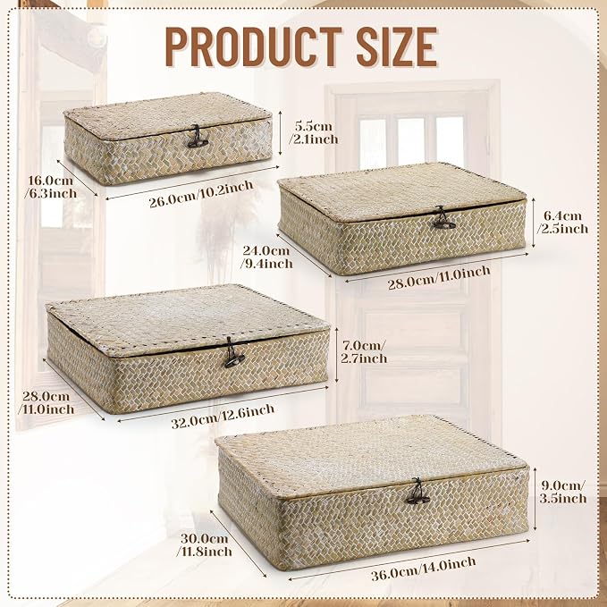 Didaey Set of 4 Seagrass Basket with Lid Wicker Storage Basket Decorative Storage Boxes with Lids Flat Storage Bins Woven Organizer Baskets for Shelf Closet Bedroom, 4 Sizes (White) - Image 2