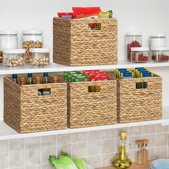 Large Square Woven Hyacinth Wicker Pantry Storage Baskets, Set of 6 | 11"x11"x10", Natural, Iron Wire Frame - Image 2