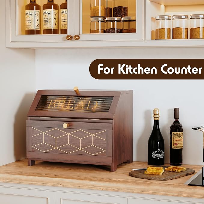 HOLTICO Double Layer Bread Box With Golden Trim for Countertop, Wooden Bread Container for Kitchen Counter, Corner Bread Storage, Brown - Image 2