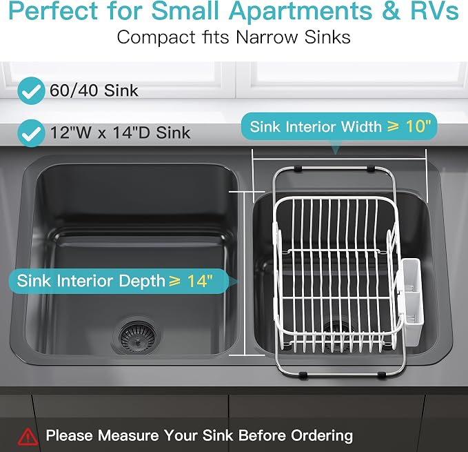 JASIWAY White Dish Drying Rack in Sink with Utensil Holder, RV, Apartment | Over Sink Expandable Stainless Steel Dish Drainers for Compact Kitchen, Space Saving, Fast Drain, Rustproof, For 1-2 people - Image 3