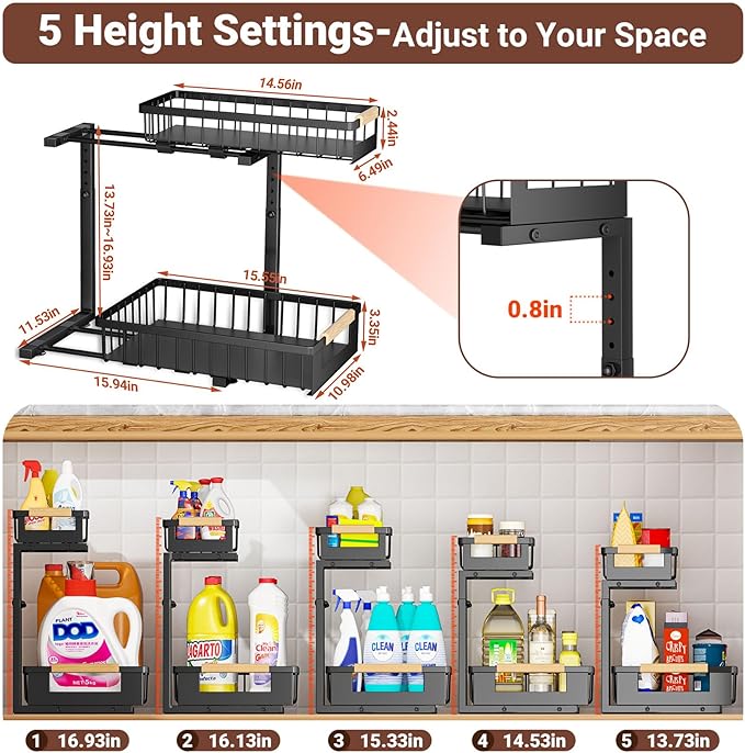 Under Sink Organizers and Storage, 2 Pack L-Shaped Pull Out Cabinet Organizer, 2 Tier Sliding Storage Rack with Adjustable Height, Metal Under Sink Shelf for Kitchen, Bathroom, Pantry, Black - Image 3