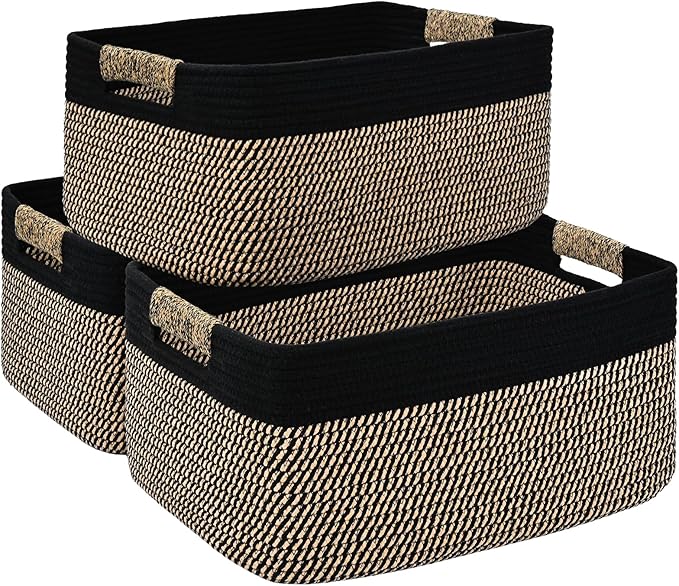 3 Pack Large Storage Basket for Organizing, 17.5"x13"x7" Woven Basket for Shelves, Closet Cube Storage Bins with Wrapped Handle, Cotton Rope Baskets for Kitchen, Clothes, Toys(Black & Brown) by Degeyoyo