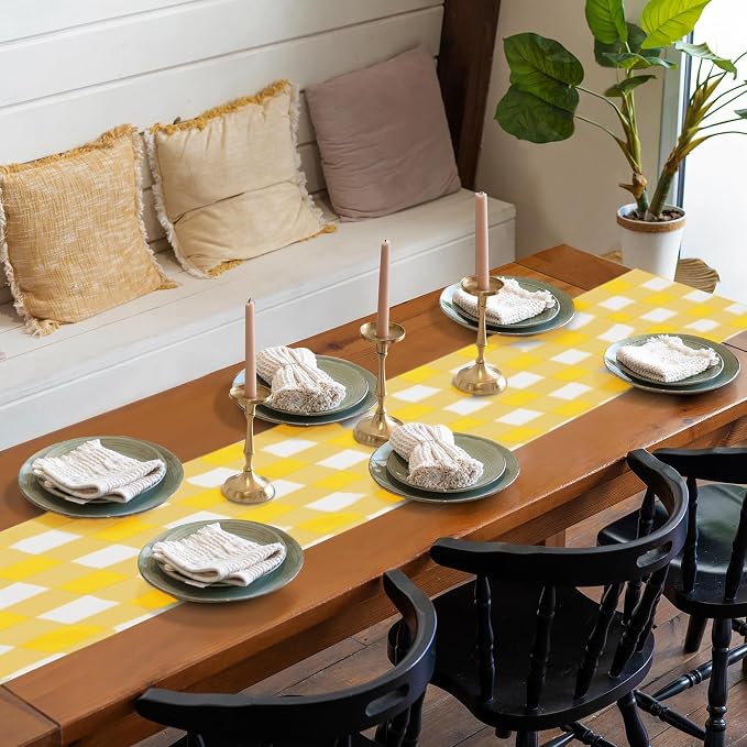 Cupuamon Fabric Checkered Table Runner 1 Pack Waterproof Gingham Table Runner 14W x 108L Buffalo Check Table Runners for Parties Kitchen Dining Wedding Banquet (Yellow and White) - Image 7