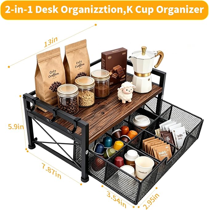 Tea Bag Coffee Bar Organizer,Teabag Holder & Coffee Station with Storage Drawer,Wood Tea Station Chest Display Container Box for Countertop Kitchen (Rustic Brown) - Image 4