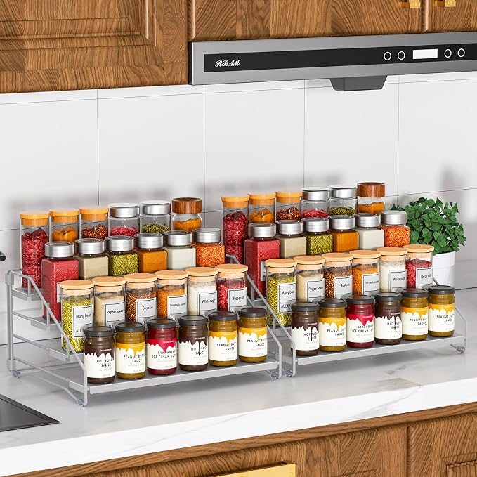 2 Pack Spice Rack Organizer for Cabinet, Depth Adjustable 4 Tier Spice Rack | Silver, Metal Spice Organization for Cabinet, Easy Visibility, Tiered Spice Rack Perfect for Cabinet, Pantry and Countertop - Image 7