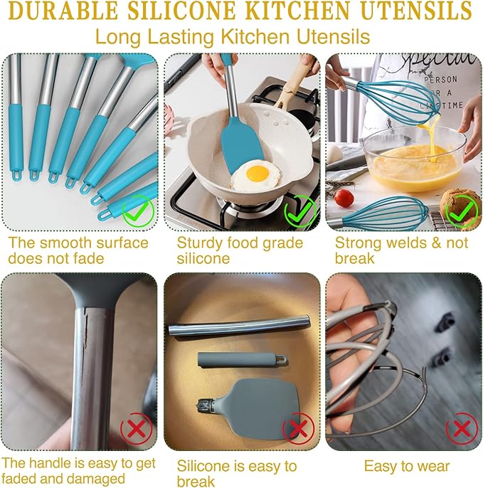 15 Pcs Silicone Cooking Utensils Kitchen Utensil Set - Umite Chef 446°F Heat Resistant Stainless Steel Handles Kitchen Gadgets Tools Set for Nonstick Cookware(Blue) - Image 3