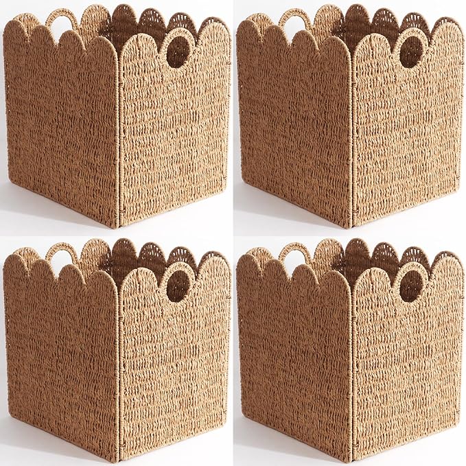 Scalloped Wicker Storage Cubes Basket, 12”x12“ Heavy Duty Paper rope/Hyacinth/Seagrass Baskets for Shelves, Foldable Natural Boho Square Bins (Paper Rope&10.5 x 10.5 x 10.5in&4-Pack) by Unknown