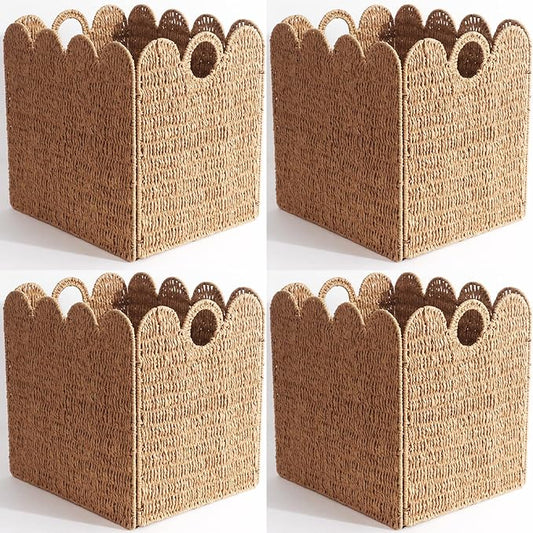 Scalloped Wicker Storage Cubes Basket, 12”x12“ Heavy Duty Paper rope/Hyacinth/Seagrass Baskets for Shelves, Foldable Natural Boho Square Bins (Paper Rope&10.5 x 10.5 x 10.5in&4-Pack) by Unknown