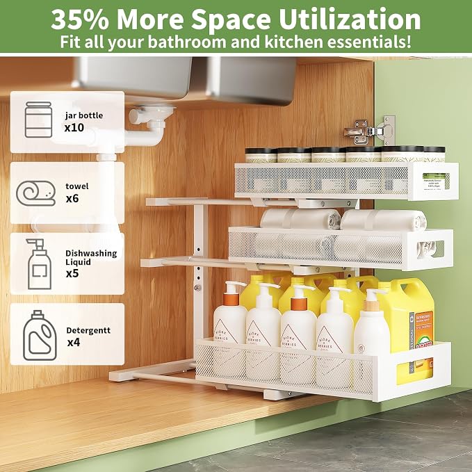 Under Sink Organizer,3-Tier Heavy Duty Pull out Cabinet Organizer Shelf | Height Adjustable,Thickened Metal,Slide out Storage Drawer Rack for Kitchen Bathroom Pantry Laundry Home Organization - Image 3