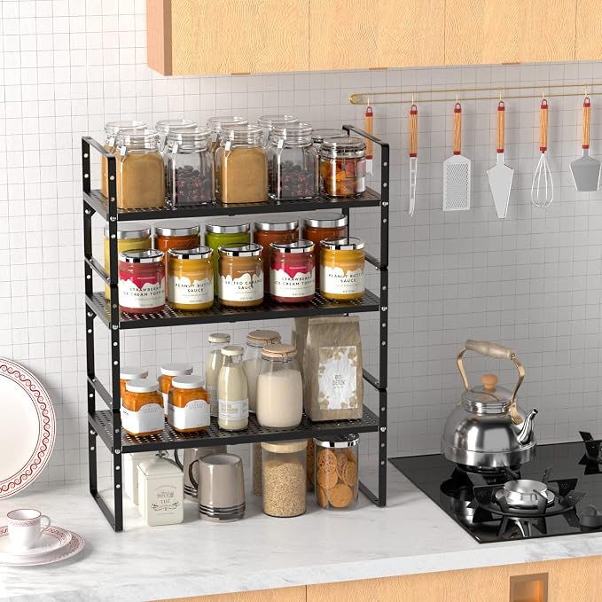 Redrubbit Large Expandable Cabinet Storage Shelf, Adjustable Height Steel Metal Kitchen Counter Organizers Shelves Spice Rack for Kitchen Pantry Bathroom Cupboard Desk Home Office, Black-3 Pack - Image 2