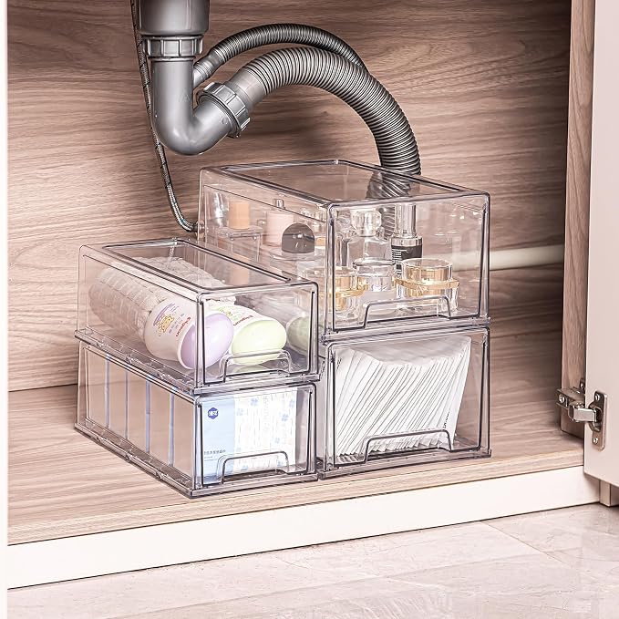 Clear Acrylic Stackable Storage Drawers, Plastic Refrigerator Organizer Bins with Handles for Undersink, Cabinet, Fridge, Closet, Pantry, Office, Bathroom, Kitchen(2 Pack) - Image 2