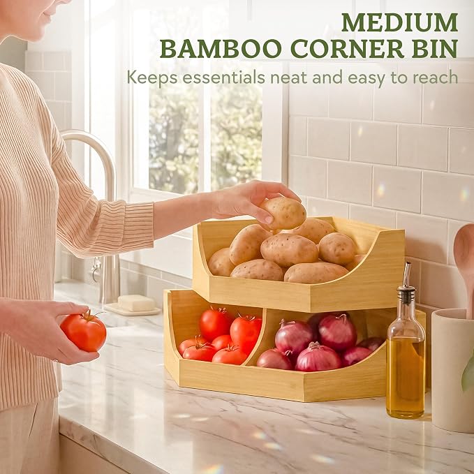 HOMESTEAD Bamboo Corner Storage Bin, 2-Tier Stackable Potato and Onion Storage Bin for Kitchen Counter Corner Shelf, Wooden Produce Storage Pantry Organizer, Fruit & Vegetable Holder, Medium - Image 2