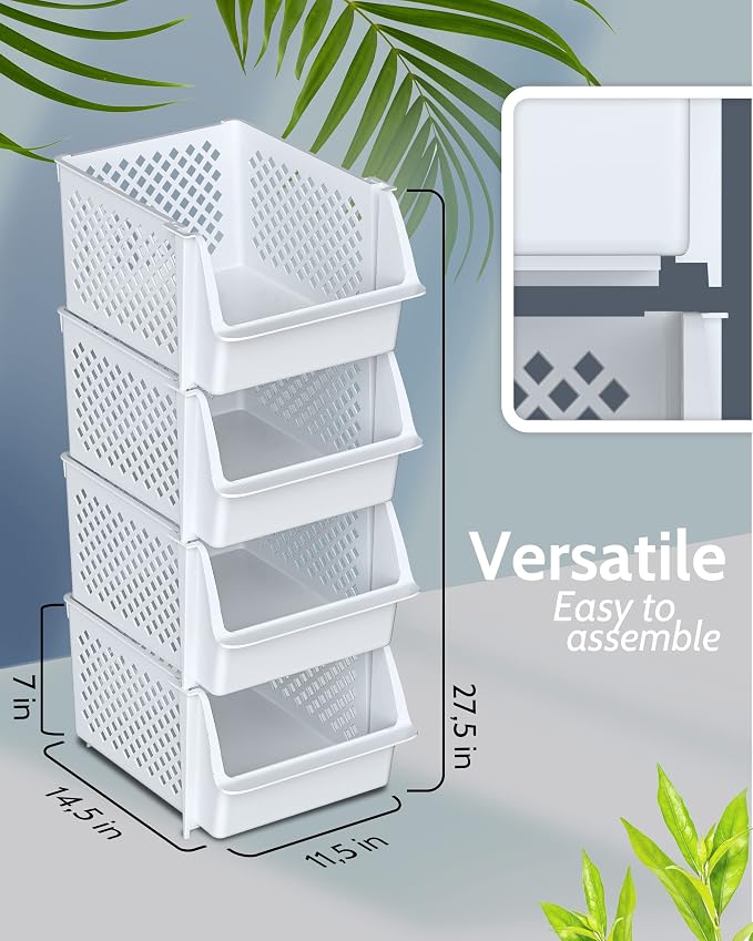 Skywin Stackable Storage Bins Open Front for Pantry Storage, 4 Pack - White | Sturdy Plastic, Easy Stacking, Open Front Access, Ventilated Sides, Vertical & Space Saving Pantry Organizers and Storage Bin - Image 3