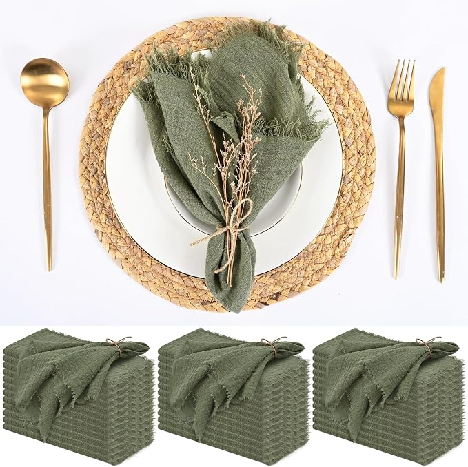 36 Pack Olive Green Cloth Napkins, 16 x 16 Inch Cotton with Fringe Settings | Handmade washable reusable cotton dinner napkins in bulk for weddings, parties, rustic boho table settings by FXKS