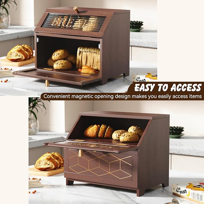 HOLTICO Double Layer Bread Box With Golden Trim for Countertop, Wooden Bread Container for Kitchen Counter, Corner Bread Storage, Brown - Image 3