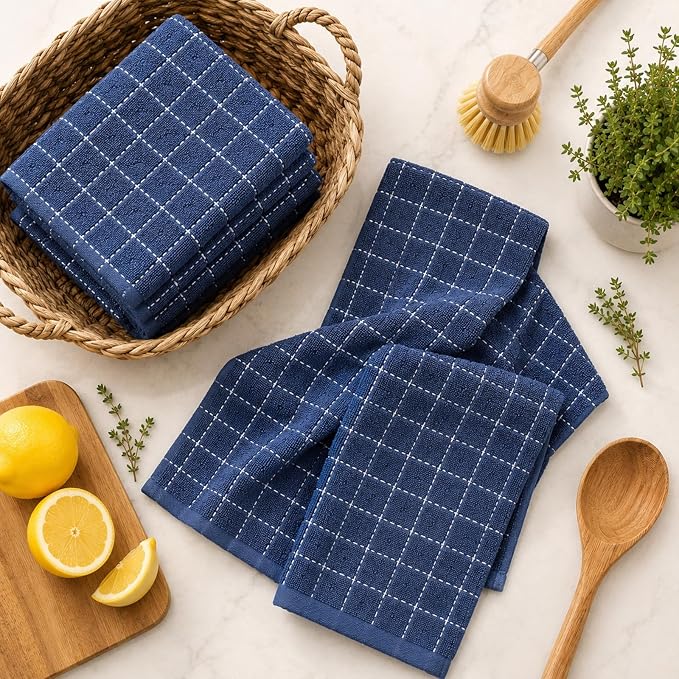 Kitinjoy 100% Cotton Terry Kitchen Towels, 13”x 28”, 6-Pack, Navy Blue | Checkered Designed, Ultra Soft Absorbent Quick Drying Dish Towels - Image 9