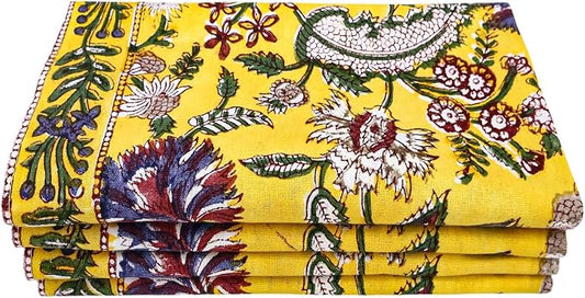 18x18 Inches Cotton Napkins Set of 4, Yellow Red, Washable Hand Block Printed Reusable Cloth Napkins for Dinning, Party, Wedding, Home Decor Autumn by HomeSpunCrafts