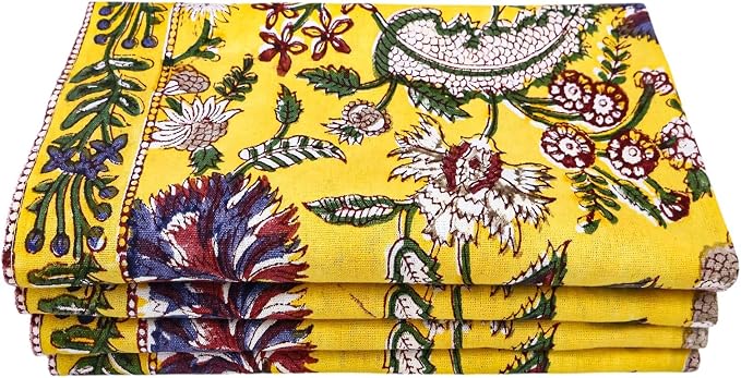 16x16 Inches Cotton Napkins Set of 4, Yellow Red, Washable Hand Block Printed Reusable Cloth Napkins for Dinning, Party, Wedding, Home Decor Autumn by HomeSpunCrafts