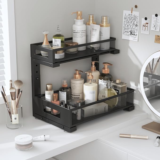 2-Pack Under Sink Storage Organizer, Large 2-Tier Elegant Mesh Pull Out Shelf for Kitchen and Bathroom Cabinet Organization, L-Shaped and Adjustable Height Design,Patent Pending-Black - Image 9