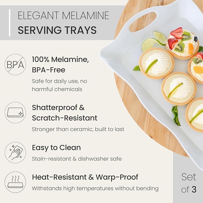 Large Melamine Tray, 17" x 11.5" - White Serving Tray with Handles - Dishwasher Safe - Rectangular Melamine Platter for Meat, Appetizers, Cookies, Grill or Party Snacks - Set of 3 - Image 2