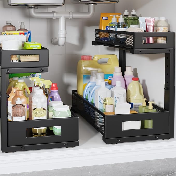 2 Pack 17IN Depth Under Sink Storage Organizer, Large 2-Tier Elegant Mesh Pull Out Shelf for Kitchen and Bathroom Cabinet Organization, L-Shaped and Adjustable Height Design-Black by UnderSinkOrganizer