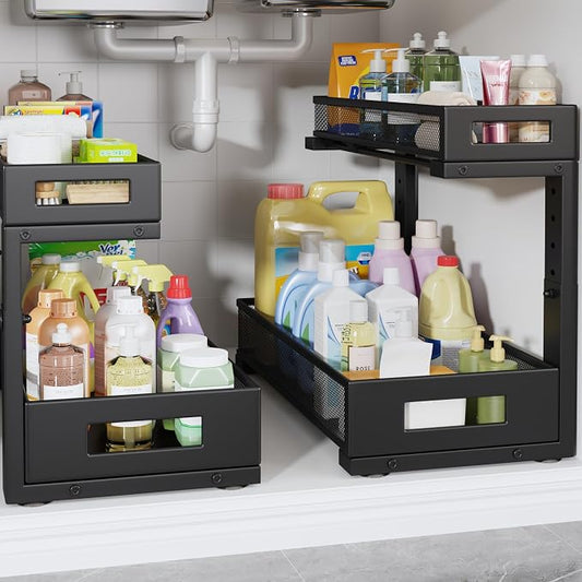 2 Pack 17IN Depth Under Sink Storage Organizer, Large 2-Tier Elegant Mesh Pull Out Shelf for Kitchen and Bathroom Cabinet Organization, L-Shaped and Adjustable Height Design-Black by UnderSinkOrganizer