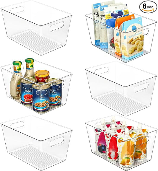 Vtopmart 6 Pack Clear Storage Bins, Pantry Storage Bins with Handle, Large | Plastic Pantry Organizer Containers for Kitchen, Refrigerator, Fridge, Cabinet, Countertops, Home Organization and Storage by Vtopmart