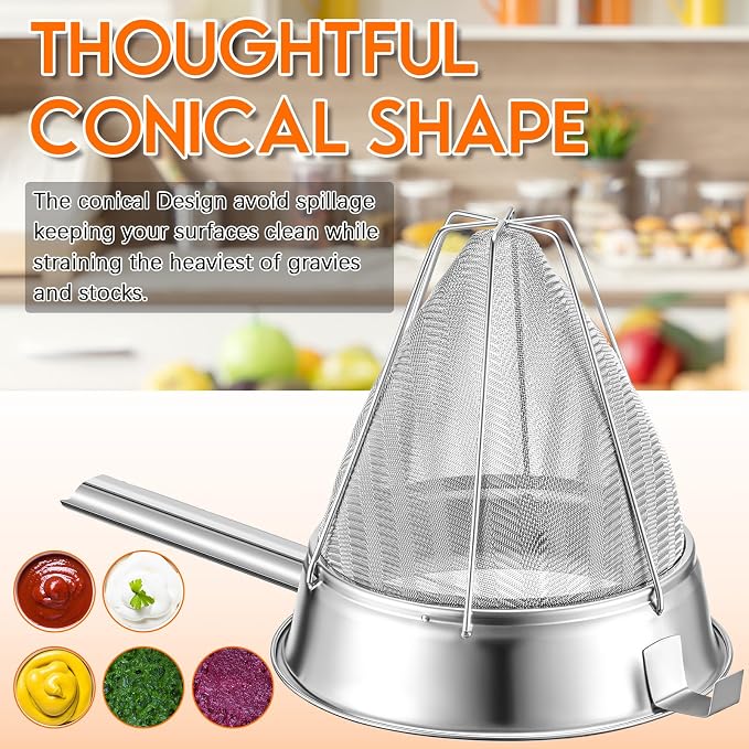 SiliFine 10" Chinois Fine Mesh Strainer Set with Handle and Rubber Pestle | Stainless Steel Reinforced Bouillon Sieve Strainer China Cap Cone Sieve for Sauces, Soups, Broth, Stock, Kitchen Food Cooking - Image 5