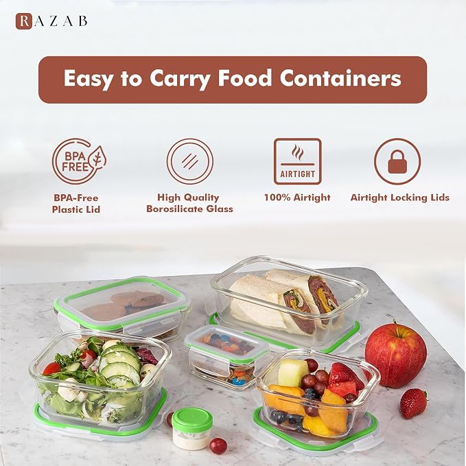 Razab 35 Pc Set Glass Food Storage Containers with Lids - Meal Prep Airtight Bento Boxes BPA-Free 100% Leak Proof (15 lids,15 glass & 5 Plastic Sauce/Dip Containers) - Image 7