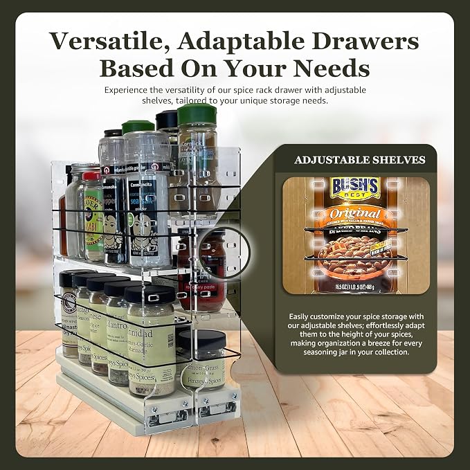 Adjustable Spice Rack Drawer - Pull Out Cabinet Organizer - Kitchen and Pantry Organizers and Storage - Spice Caddy - 2 Drawers, 3 Upper Tier (4.6" W x 11.25" H x 10.6" D, Cream) - Image 3