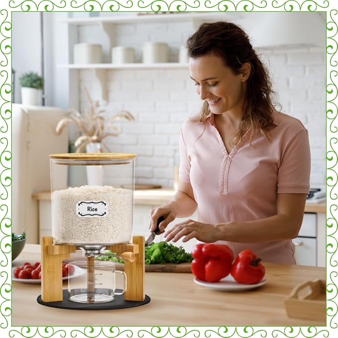 Glass Rice Dispenser 10 lbs, with Airtight Lid & Labels & Slider mat. Make your glass rice container Glass AND Bamboo rice container! Best 5L capacity grain dispenser and rice holder - Image 5