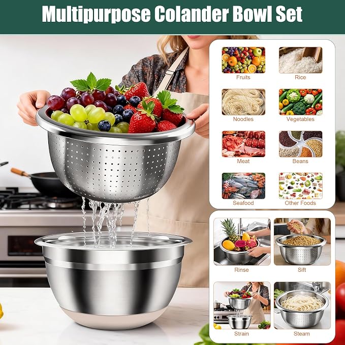 Stainless Steel Mixing Bowls Set with Lids & Silicone Base - 7-Piece Kitchen Gadgets Includes Colander, Grater, Egg Separator, Whisk - Nesting Bowls (1.5, 2, 2.5, 4.5 QT), Dishwasher Safe, Khaki - Image 2