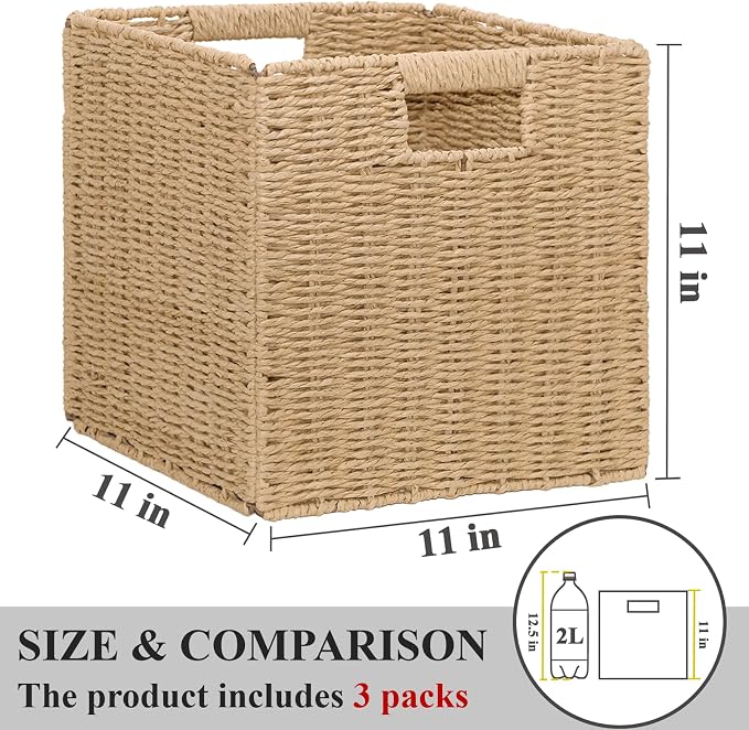 Wicker Storage Baskets for Organizing, 3 Pack Rustic Foldable Square Basket for Shelves, Handwoven Cubby Organizer Bins for Home Decor, Small Cube Storage Bin for Closet Organization (Natural 11 inch) - Image 2